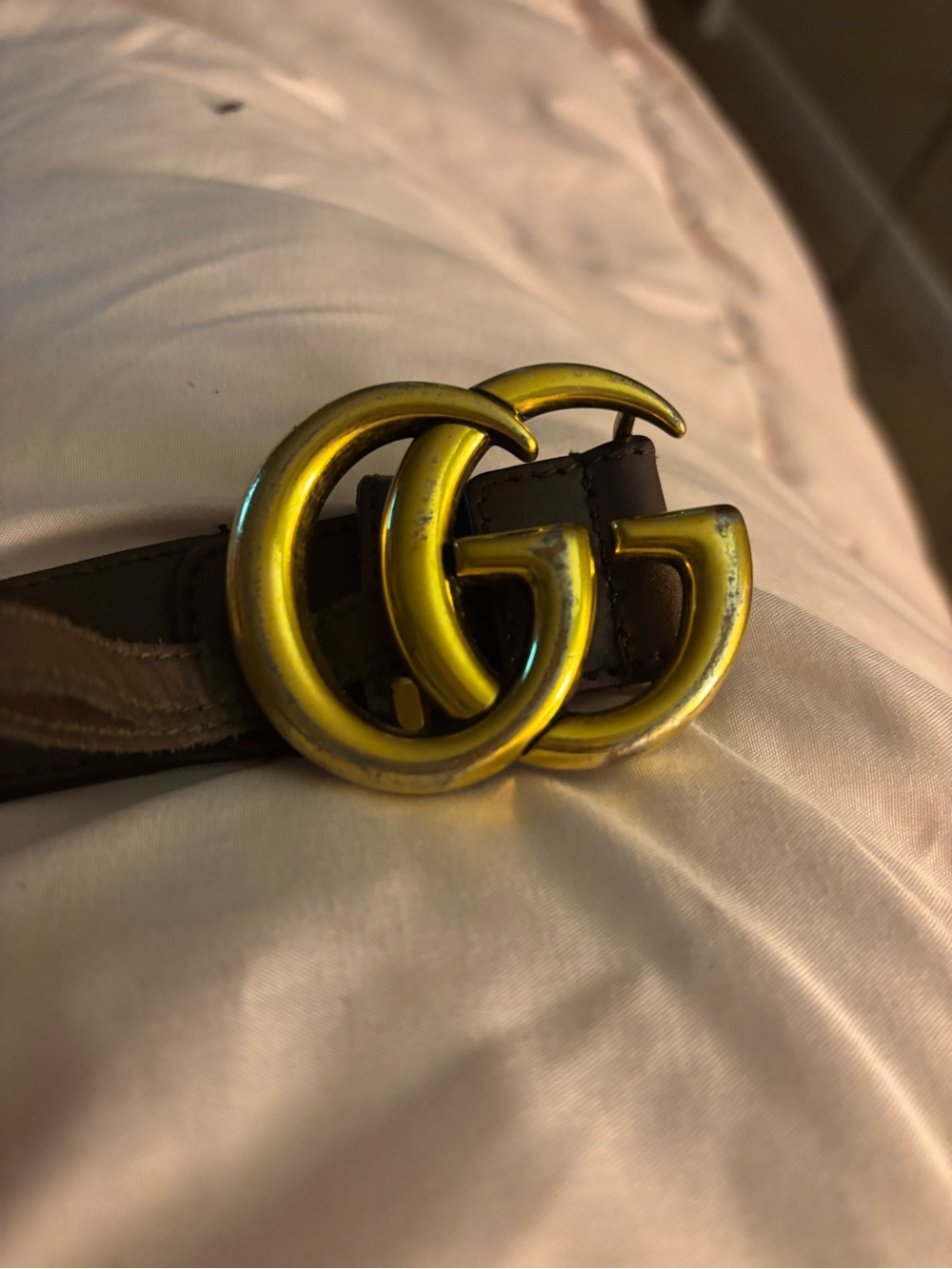 Double G Buckle Leather Belt - Gold Hardware, Brown Leather